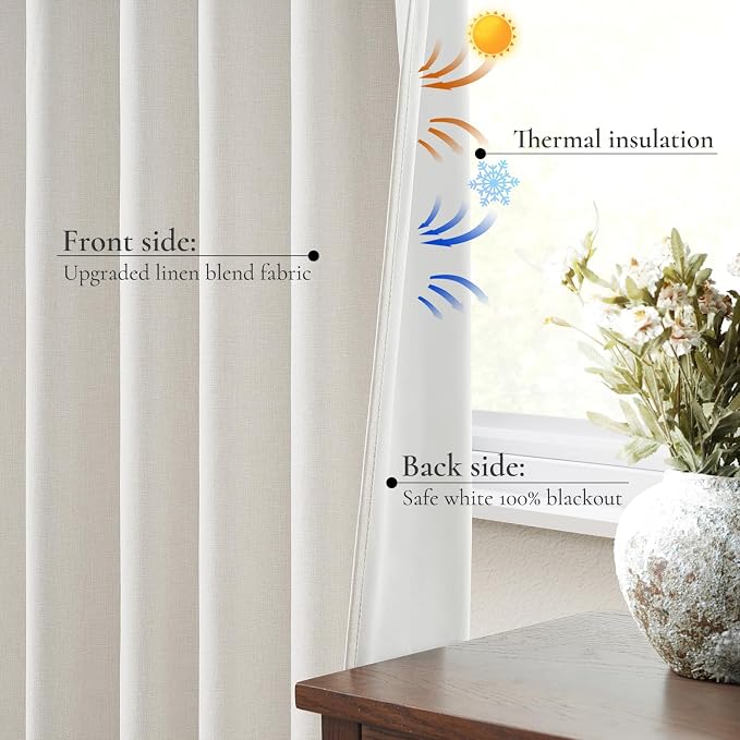 Cream Linen Black Out Curtains 70 Inches Extra Wide for Living Room 2 Panels, Pleated Ivory Bedroom for 72 Inches Window Curtain 84 Inch Long Thermal Room Darkening Heavy Drapes (70"W x 84"L 2 Panels)