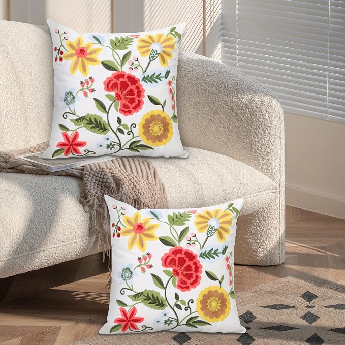 Pack of 2 Embroidered Decorative Throw Pillow Cover 18x18 Inch Farmhouse Floral Pillowcase for Living Room Sofa Bed (Boho Flower)