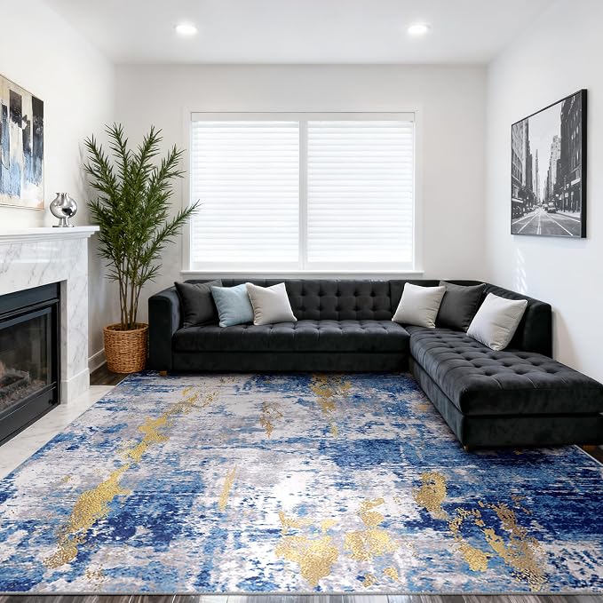 RELEANY Washable 10'x14' Abstract Area Rug for Living Room Blue Gold | Carpet for Bedroom, Kitchen, Office, Hallway and Entryway, Printed Pattern, Non‑Slip, Soft, Stain‑Resistant, Easy to Clean