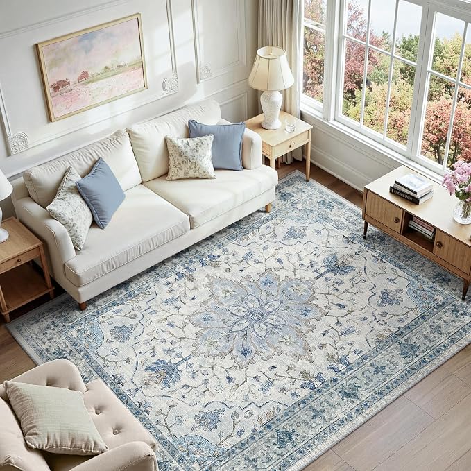 RELEANY Washable Area Rug, 7'x9', Blue/White/Gray | Non-Slip, Water Repellent, Pet Friendly, Easy to Clean, Vintage Floral Boho Decor for Living Room Bedroom Dining Room Office
