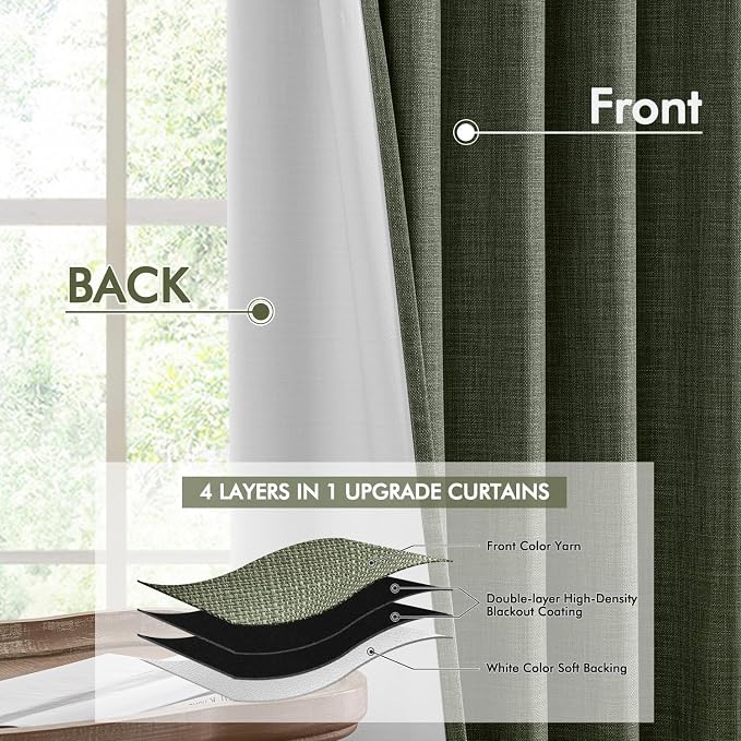 MIULEE 100% Blackout Back Tab Pleat Linen Curtains 50" Wx120 L,Olive Green | 2 Panels,Thick Faux Linen,Textured Drapes,with Hooks,for Bedroom Living Room,Black Out,Room Darkening