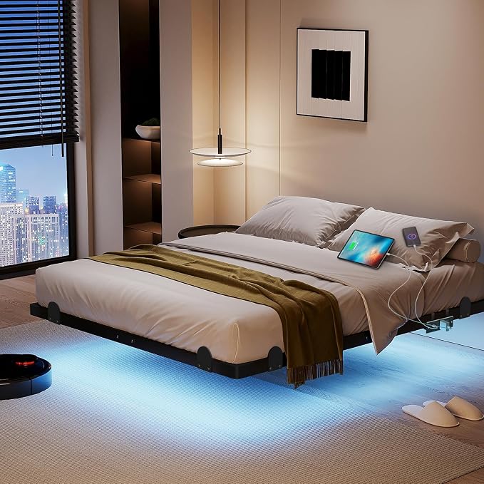 qimamo Floating Queen Bed Frame, 7 Inch Metal Platform Bed with Smart LED Lights & Charging Station, Easy Assembly, No Box Spring Needed