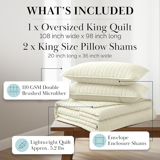 Southshore Fine Living, Inc. Oversized King Quilt Bedding Set, Soft Quilted Bedspread, Wrinkle Free and Pet Hair Resistant Bedding, Quilted Coverlet Set w/2 Pillow Shams, Cream Quilt King Bedspread