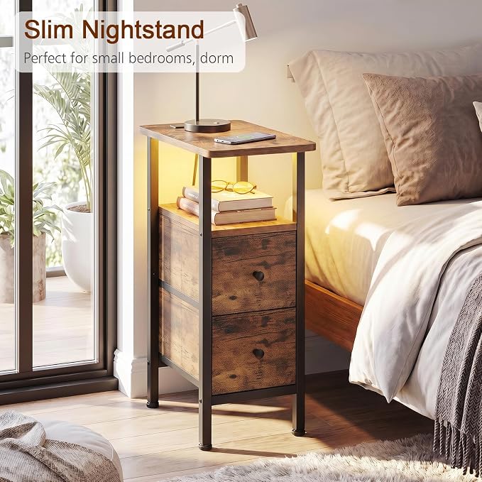 LOAKEKEL Narrow End Table with Charging Station, Small Nightstand | Skinny Side Tables Living Room with 2 Fabric Drawers, Slim Bedside Table with LED Lights for Bedroom, Small Spaces, Brown