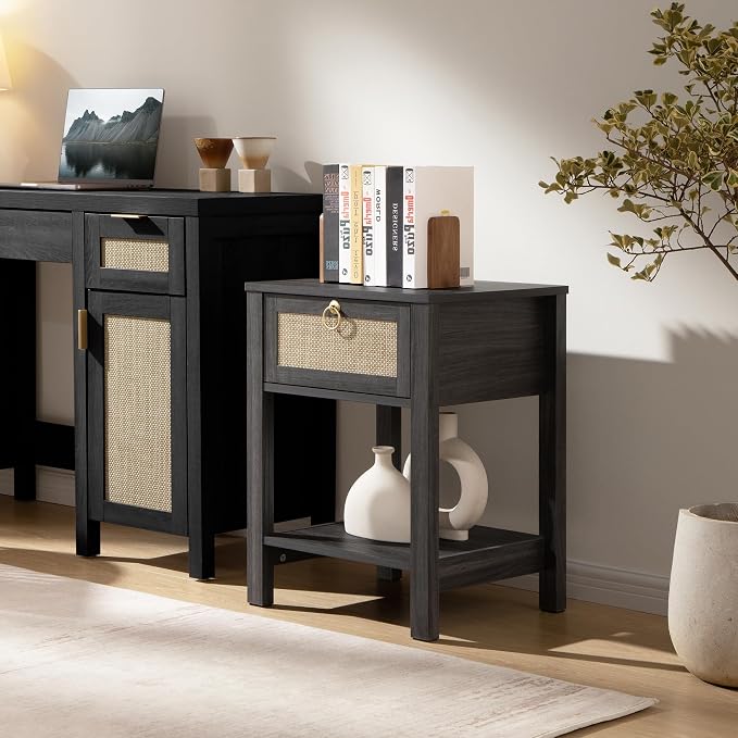 SICOTAS Rattan Nightstand Set of 2 with Storage Shelf, Boho Bedside Tables | Night Stand Set of 2 with Rattan Drawer, Boho End Tables with Storage for Bedroom, Guest Room, Apartment, and Small Spaces