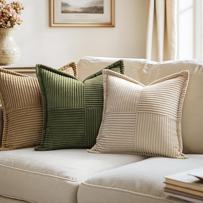 MIULEE Decorative Throw Pillow Covers for Couch 16x16 Inch Beige 2 Pack | Boho Broadside Striped Patchwork Pillow Covers, Soft Corduroy Cushion Cases, For Sofa Bed Livingroom Home Decor