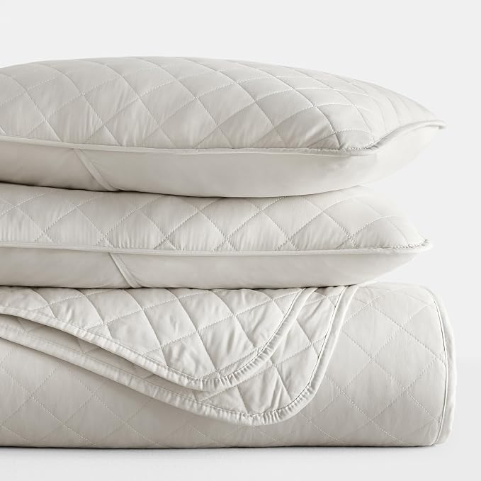 Merit Linens Modern Quilt Coverlet Soft Set in Diamond Stitching - Full/Queen Natural