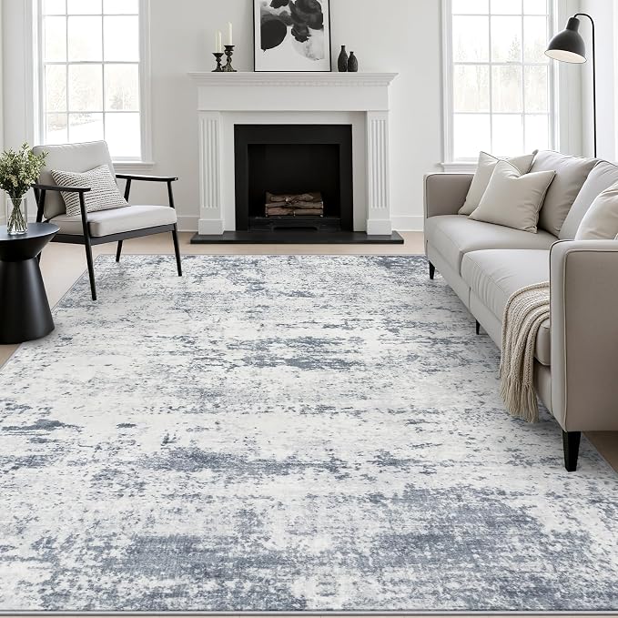 9x12 Area Rug Living Room: Modern Washable Soft Carpet Blue Grey | For Bedroom Dining Room Farmhouse Nursery Hallway Office,Modern Abstract,Machine washable,Non-Slip,Stain Resistant,Indoor