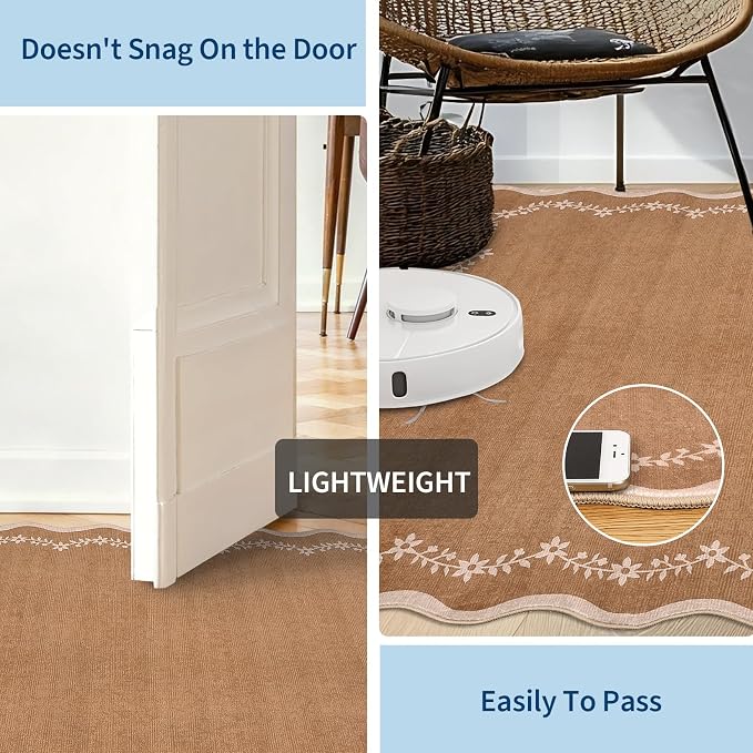 GarveeHome 6x9 Scalloped Area Rug Soft Washable Rug for Living Room Bedroom | Soft Brown Low Pile Non Slip Accent Floor Mat Solid Print Throw Rug Indoor Carpet for Dining Room Dorm Playroom