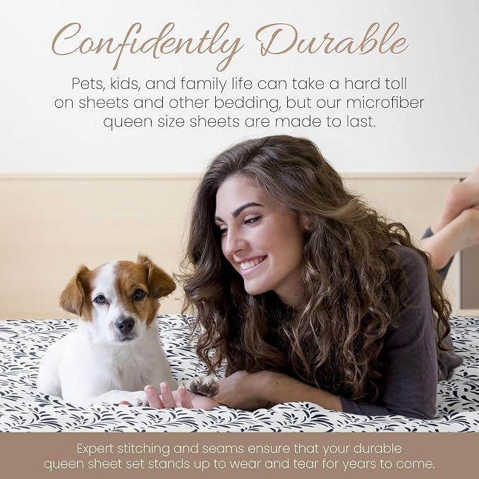 Linen Market Double-Brushed Patterned Microfiber Queen Sheet Set 4 Piece – Oeko-TEX Certified Ultra Soft & Wrinkle-Free - 16" Deep Pocket Sheets - Easy Care Queen Size - Burst of Vines Navy