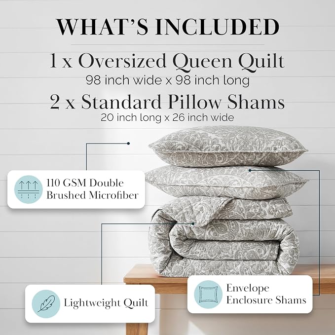Southshore Fine Living, Inc. Ashanti Collection Oversized Queen Quilt Bedding Set, Prewash Fabric, Soft Coverlet 3-Piece with Two Matching Pillow Shams (98 in Wide x 98 in Long), Full/Queen, Bone
