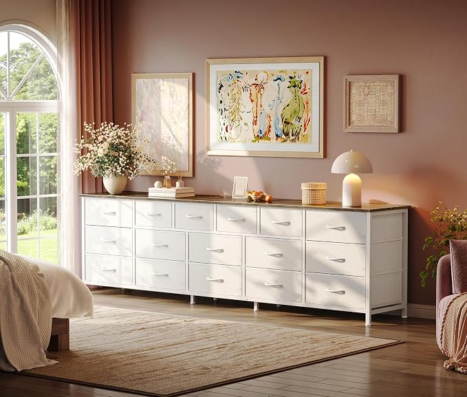 Huuger 77.6" Long Dresser for Bedroom, 16 Drawer Fabric Dresser for Closet, Wide Chest of Drawers with Storage, TV Stand for 65, 75, 85 Inch TV, 77.6" W x 13" D x 26.4" H, Farmhouse White