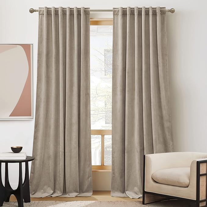 RYB HOME Velvet Curtains 108 inches Long, Extra Long High Ceiling Curtains | Thermal Insulated, Luxurious Home Decor, Curtains for Apartment Loft Large Windows, W52 x L108, Camel Beige, 2 Panels Set