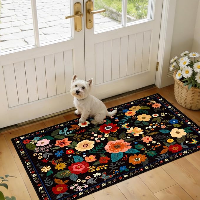 Floral Washable 2x4 Area Rugs Runner Entryway Hallway Black | Flower Carpet, Print, Boho, Non-Slip, Easy to Clean, Low Pile, Soft, for Living Room Bedroom Kitchen Office Entrance