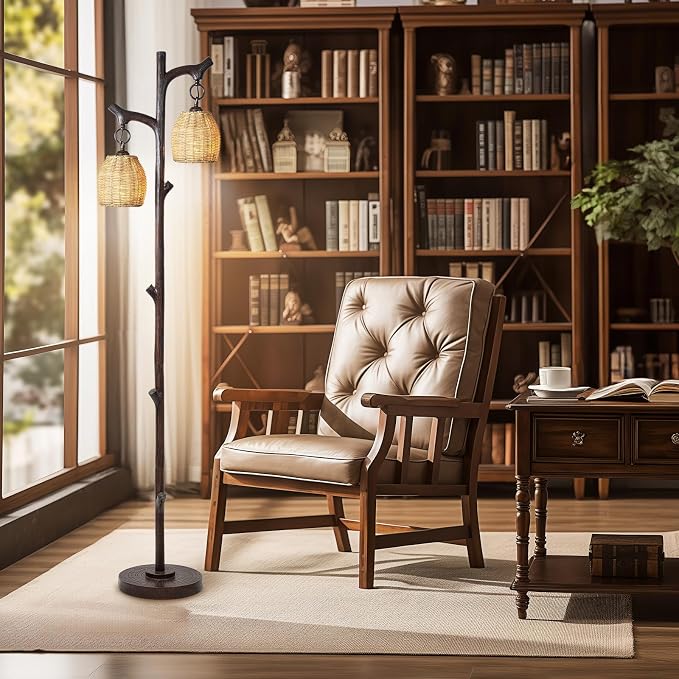 Scenekoy 68" Tall Floor Lamp with Wicker Drum Shade, Foot Switch Dimming | Tree Trunk Dark Finish, Resin Lamp Body, Farmhouse Rustic Standing Lamp with Bulb, Decor for Living Room Bedroom Reading Room
