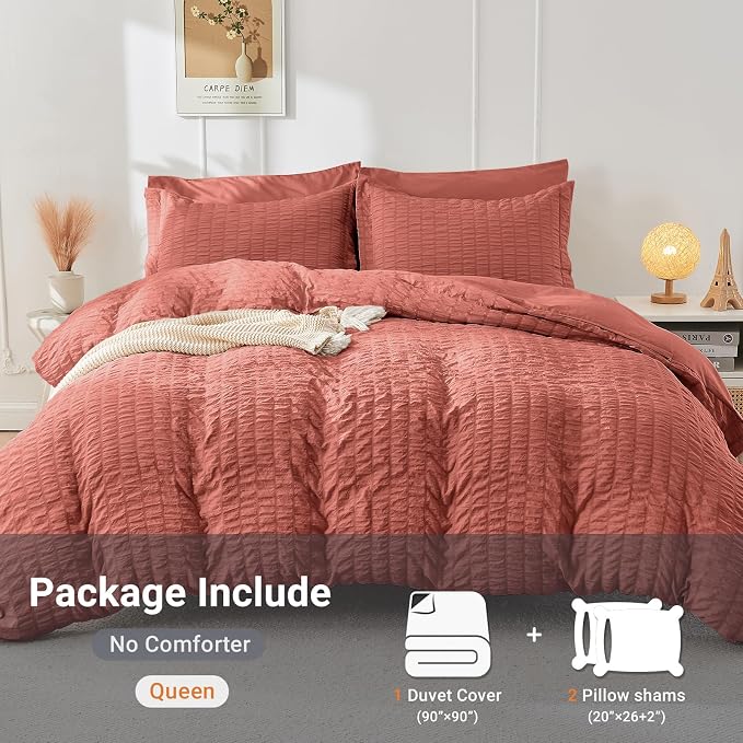 HYMOKEGE Coral Red Duvet Cover Queen Size, Ultra Soft 3-Piece Seersucker Duvet Cover Set with Zipper Closure, Soft Brushed Microfiber Bedding Set with 8 Corner Ties (90"x90", 2 Pillowshams)