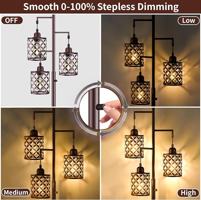 68" Industrial Tree Floor Lamp, Dimmable Farmhouse Tall Stand Light with Metal Cages & Rotary Dimmer Knob, Corner Decor Lighting for Living Room Bedroom Cafe, 3 x 800LM Bulbs Included-Brown