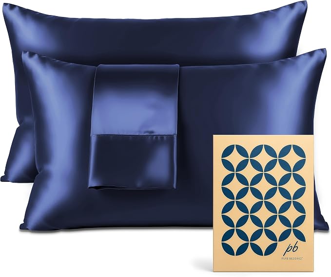 Pure Bedding Satin Pillowcase 2 Pack - Queen Size (20"x30", Midnight Blue) - Silky Pillow Cases for Hair and Skin - Satin Pillow Covers with Envelope Closure - Extra Soft Premium Microfiber