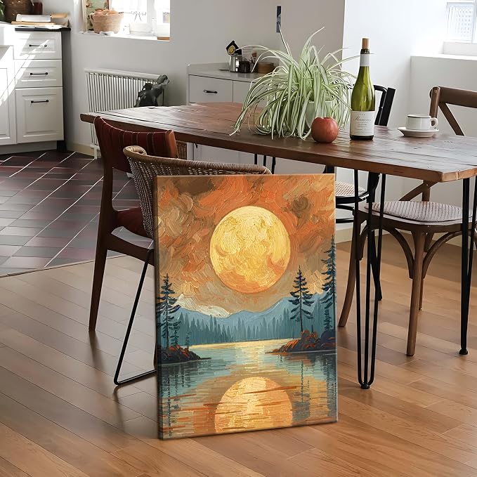 Framed Gold Mountain Forest Sunset Landscape Wall Art Set of 3, Abstract Boho Lakeside Forest Sunset Wall Decor, Vintage Nature Landscape Canvas Prints Poster for Living Room Bedroom Office 16x24 Inch