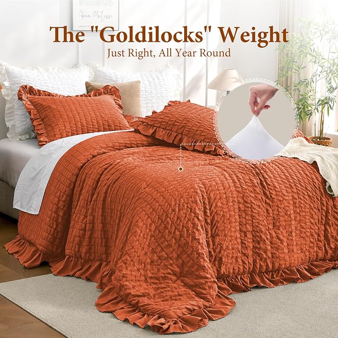 JOLLYVOGUE Burnt Orange Comforter Full Size, 3 Pieces Seersucker Lightweight Full Size Bedding, All Season Fluffy Microfiber Bedding Comforter Set with 1 Ruffle Comforter and 2 Ruffle Pillowshams