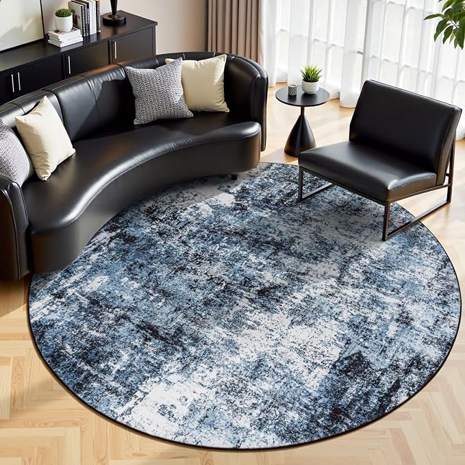 Rugflix Round Area Rugs 6Ft for Living Room, Washable Navy Blue Circle Rug | Machine Washable; Stain-Resistant; Low Pile; Non-Slip; Modern Abstract; Black Carpet for Bedroom Dining Office Nursery Home