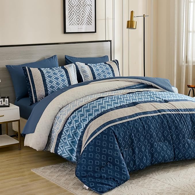 Cottolester Full Comforter Set 7 Pieces Blue Boho Striped Bed in a Bag | Plaid Comforter Set,Soft Microfiber Complete Bedding Set,All Season