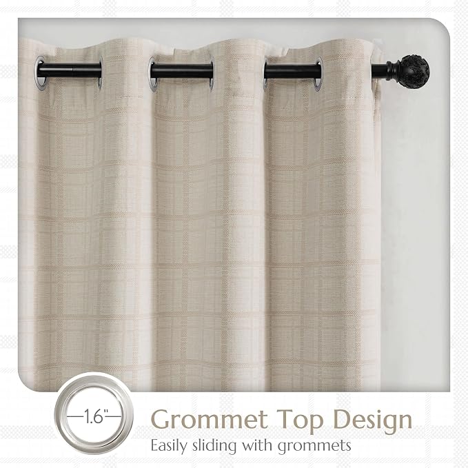 Beauoop Beige Plaid Jacquard Blackout Curtains for Bedroom 52x96 2 Panels | Gingham Checkered Room Darkening Drapes for Living Room 96 Inch Long Thermal Insulated Soundproof Window treatment Grommet