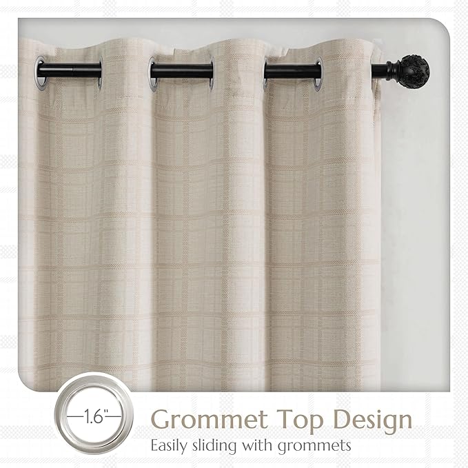 Beauoop Beige Plaid Jacquard Blackout Curtains for Bedroom 52x63 2 Panels | Gingham Checkered Room Darkening Drapes for Living Room 63 Inch Long Thermal Insulated Soundproof Window treatment Grommet