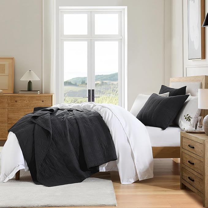 HORIMOTE HOME 100% Cotton Quilt Set Twin Size, Charcoal Pre-Washed Bedspreads Coverlet Set in Geometric Pattern, Cozy Lightweight Stitching Decorative Bedding Cover with 1 Sham for All Season