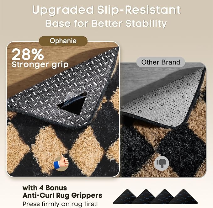 Ophanie Black & Beige Diamond Checkered Rugs for Living Room Bedroom,Rhombus Fluffy Soft Cute Fuzzy Area Rug,Plush Shaggy Bedside Floor 4x6 Furry Carpet Kids Dorm Decor with Over 99 pcs Pile fibers