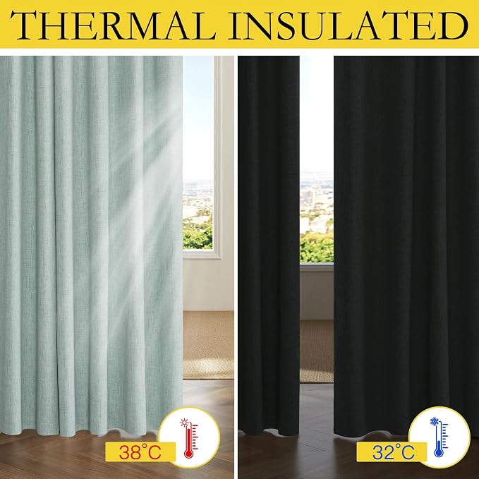 NICETOWN 100% Absolutely Blackout Linen Curtains with Thermal Insulated Grey Liner, Seafoam Green, 52" Wide, 108" Length Energy Saving Curtains for Living Room 2 Panels Set, Vertical Blinds