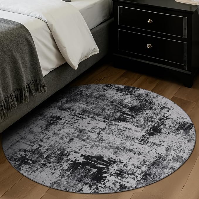 Rugflix Round Area Rugs 4Ft for Living Room, Washable Black Grey Circle Rug | Machine Washable; Stain-Resistant; Low Pile; Non-Slip; Modern Abstract; Carpet for Bedroom Dining Office Nursery Home