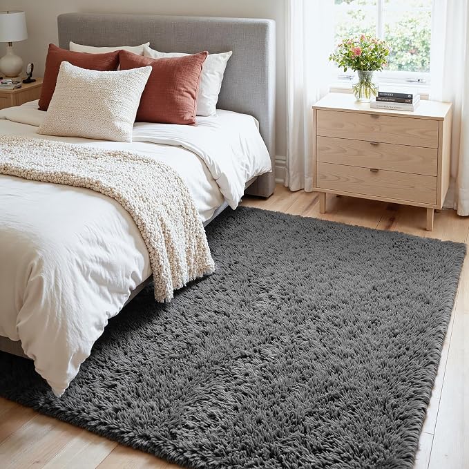 4x6 Fluffy Shag Area Rugs for Living Room Bedroom: Soft Plush Carpet Grey | Upgraded Non-Slip Thick Memory Foam, Ultra Soft, Non-Shedding Fuzzy Carpet, Easy Clean Decor for Kids Room, Nursery, Playroom