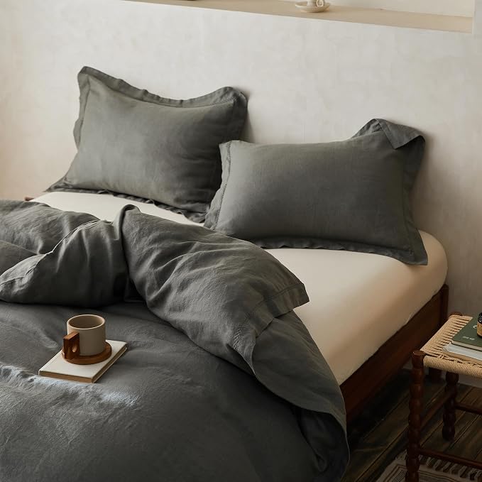 Simple&Opulence 100% Linen Duvet Cover Set with Crossed Embroidery Washed - 3 Pieces (1 Duvet Cover with 2 Pillow Shams) Soft Breathable Farmhouse -Cushing Green, King Size
