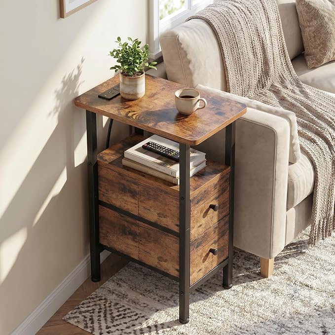 LOAKEKEL Narrow End Table with Charging Station, Small Nightstand | Skinny Side Tables Living Room with 2 Fabric Drawers, Slim Bedside Table for Bedroom, Small Spaces, Couch, Rustic Brown