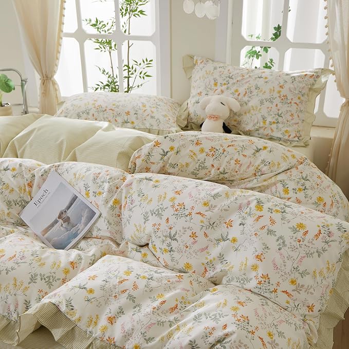mixinni 100% Cotton Duvet Cover Set Twin, Reversible Spring Floral Ruffle Green Striped Bedding for Girls, French Country Cottagecore Aesthetic 3PC Duvet Cover with Zipper Closure & Pillowcases