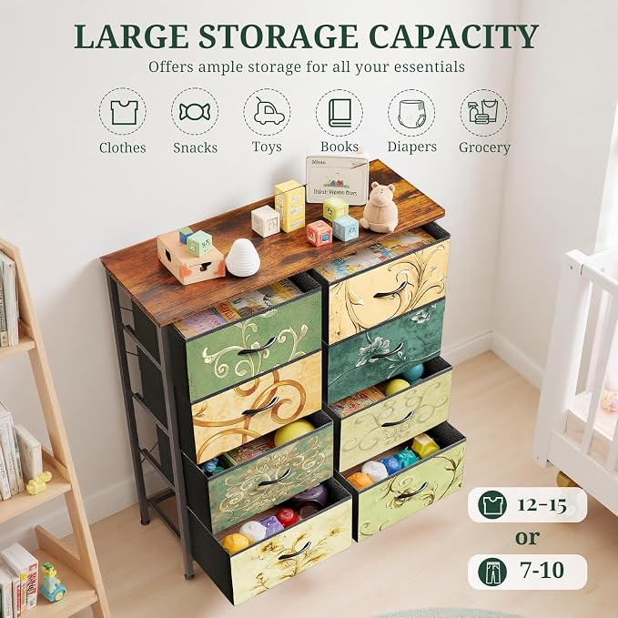 8-Drawer Dresser for Bedroom, Anti-Tip Tall Storage Organizer | Chest of Drawers with Wooden Top and Metal Frame Fabric Bins for Closet, Living Room, Hallway, Entryway, Floral Painted