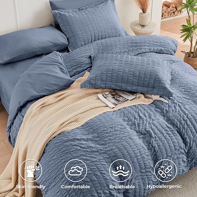 HYMOKEGE Nordic Blue California King Comforter Set Seersucker 7 Pieces, All Season Luxury Bed in a Bag for Bedroom, Bedding Set with Comforter, Sheets, Pillowcases & Shams