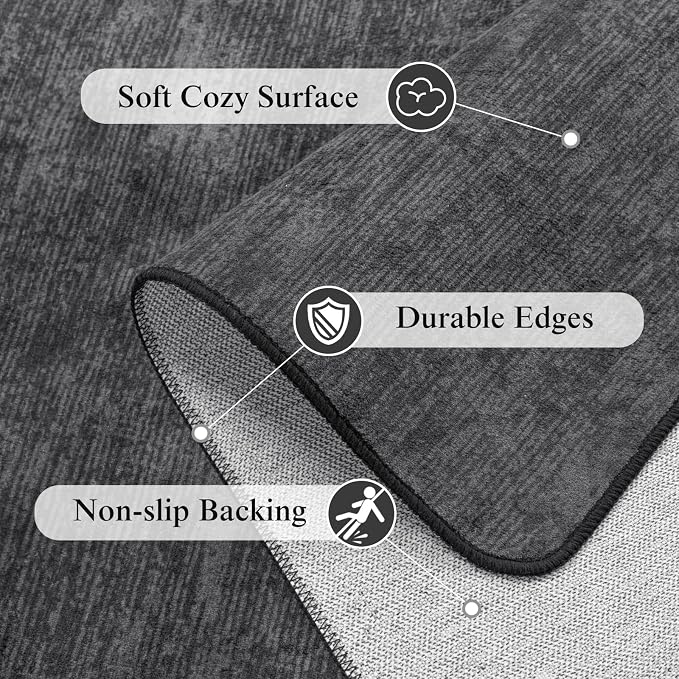 4x6 Washable Area Rug, Black Solid Area Rugs for Living Room & Bedroom | Stain-resistant & Non-slip backing,Low Pile Washable Large Carpet, Solid Vintage Style For High Traffic Areas(4x6,Black)