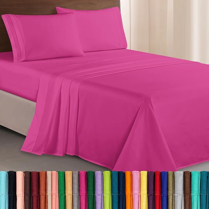 Elegant Comfort Luxurious 1500 Premium Hotel Quality Microfiber Three Line Embroidered Softest 4-Piece Bed Sheet Set, Wrinkle and Fade Resistant, King, Hot Pink
