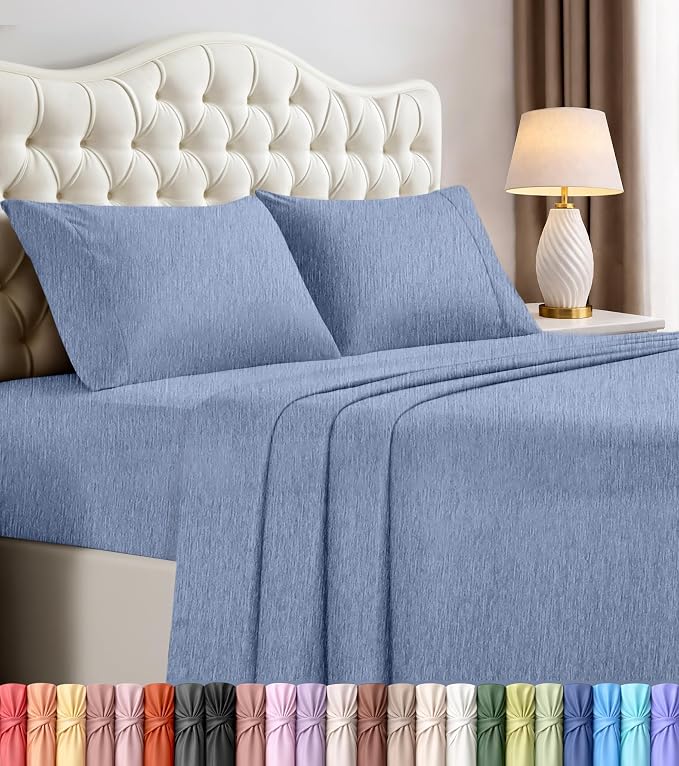 King Sheets Set, 4 Pieces 16" Deep Pocket Hotel Luxury Sheets, Heather Navy | Extra Soft Bedsheet Set, Comfy & Breathable Cooling Sheets, Wrinkle & Fade Resistant, Fitted Sheet, Flat Sheet, 2 Pillowcases