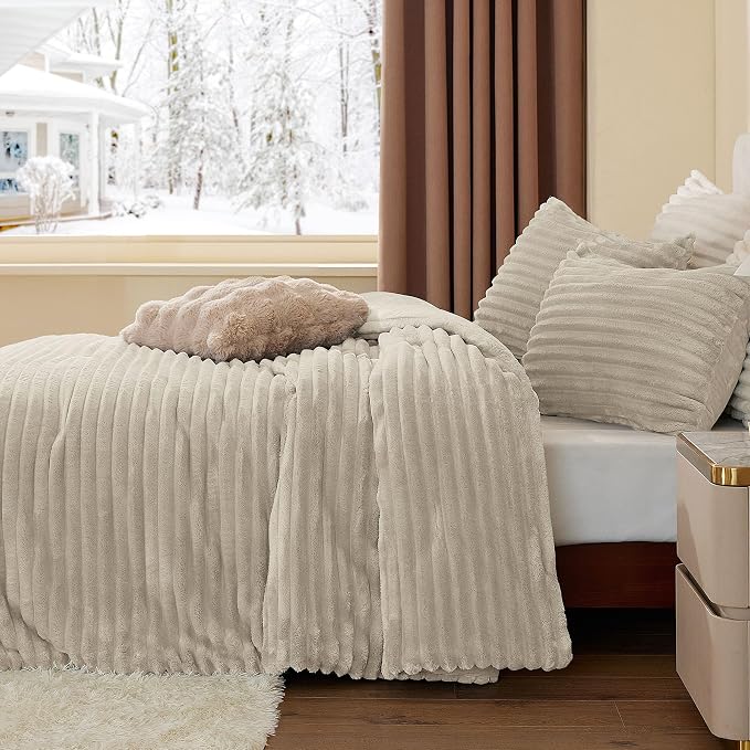 BEDELITE Fleece King Comforter Set, Fluffy Bed Set, Linen | Super Soft & Warm Bedding, Luxury Fuzzy Faux Fur Comforter for Winter, Heavy Plush Bedding, with 2 Pillowcases