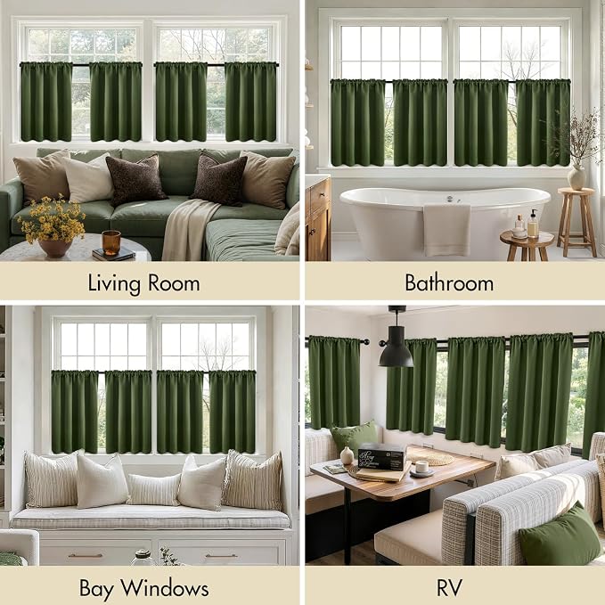 MIULEE 4-Panel 36 Inch Blackout Kitchen Tier Curtains Over Sink Olive Green | Privacy Protection, Heat/Light Blocking, Cafe Curtains, Top&Bottom Rod Pocket, Suitable for Small Windows, Soft&Durable