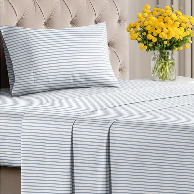 Twin 3 Piece Striped Sheet Set - Soft, Breathable & Cooling - Ocean Stripe | 1 Flat, 1 Fitted & 1 Pillowcase w/ Deep Pockets, Luxury Striped Bedding, Soft, Breathable & Cooling, Wrinkle & Fade Free