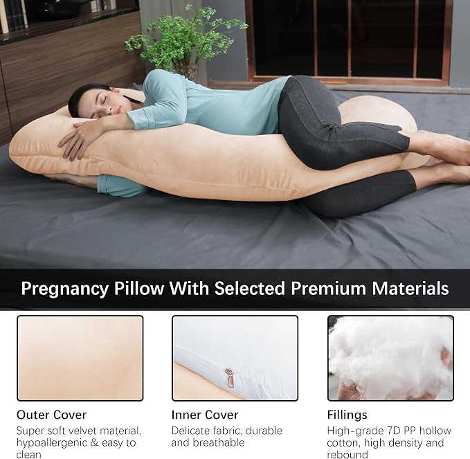 MOON PARK Pregnancy Pillows for Sleeping - U Shaped Full Body Maternity Pillow with Removable Cover - Support for Back, Legs, Belly, HIPS - 65 Inch - Brown