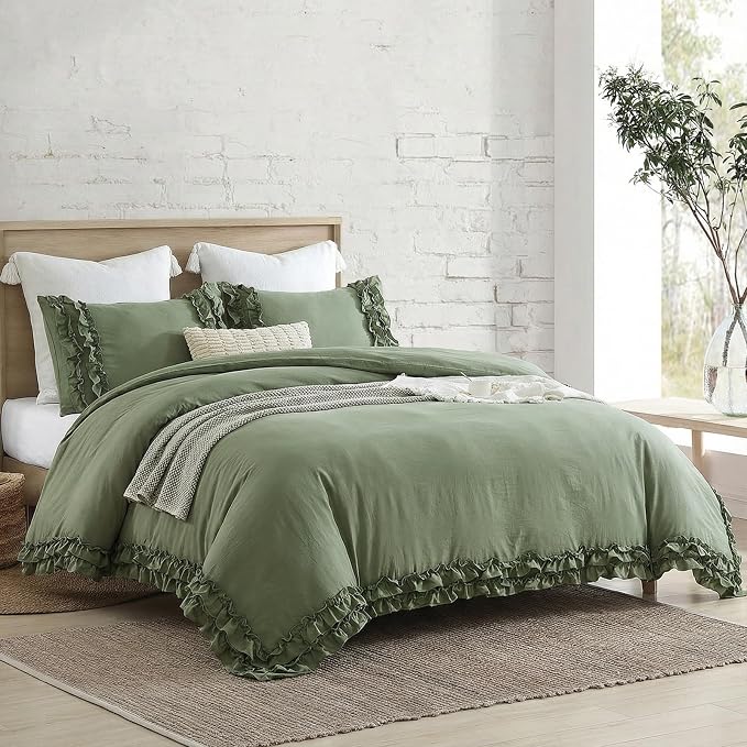 Avocado Green Duvet Cover King Ruffled Bedding Set Pleated Ruffle Fringe Shabby Chic Bedding Super Soft Cozy Boho Bedroom Bedding for All Season