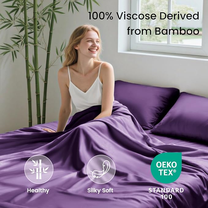 Love's cabin 4 Piece King Size Sheet Set, 100% Rayon Derived from Bamboo, Cooling & Breathable, Soft Silky Deep Pocket up to 16", Hotel Luxury Bedding for Hot Sleepers, Purple