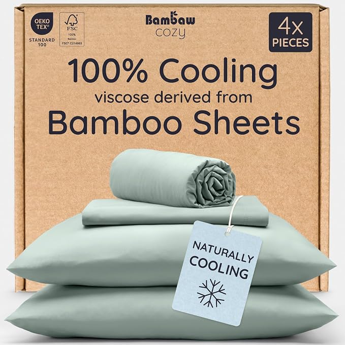Bambaw 100% Viscose Derived from Bamboo Sheets Twin Size Set – 4-Piece Twin Sheets Set, Cooling, Ultra Soft & Breathable, Moisture Wicking Comfort, Smooth Feel for Restful Sleep (Sea Glass)