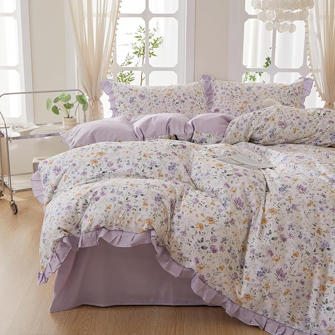 mixinni Floral Duvet Cover Set Full Size, 100% Cotton 3-Piece Bedding Set with Ruffled Lace, Reversible Lavender Wildflower Ruffle Design, Soft Aesthetic Cottagecore Duvet Cover with Zipper Closure