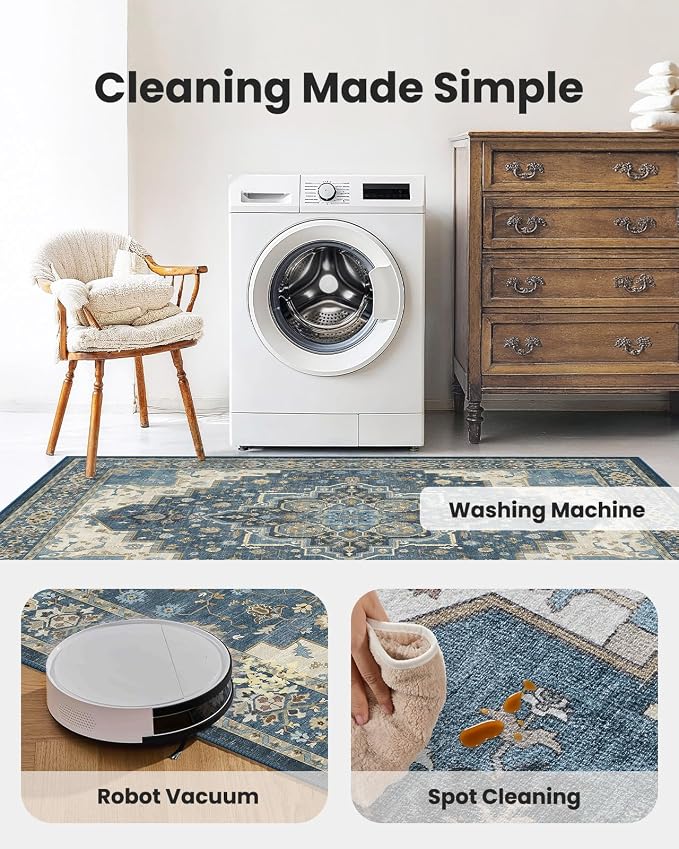 AMADA HOMEFURNISHING 8x10 Area Rug for Living Room, Vintage Washable Area Rug Low-Pile & Non-Slip Carpet for Bedroom Dining Room Nursery Home Office, Navy Blue/Beige